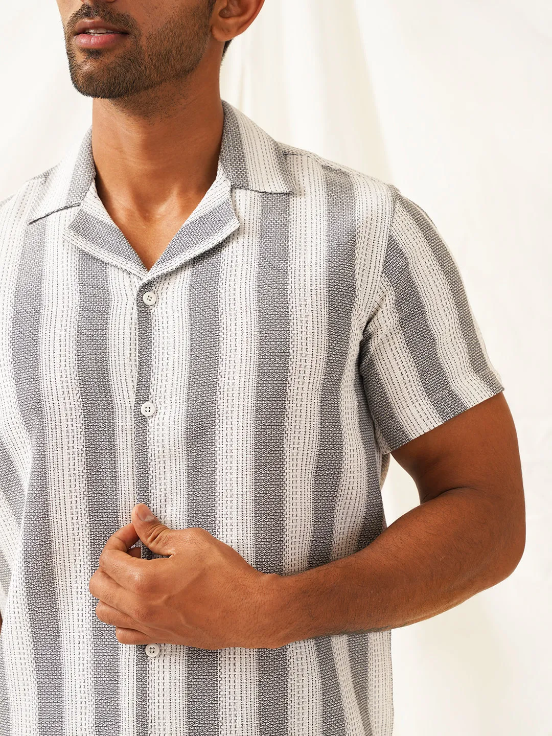 Classic Gey Striped Spread Collar Cotton Curved Casual Shirt