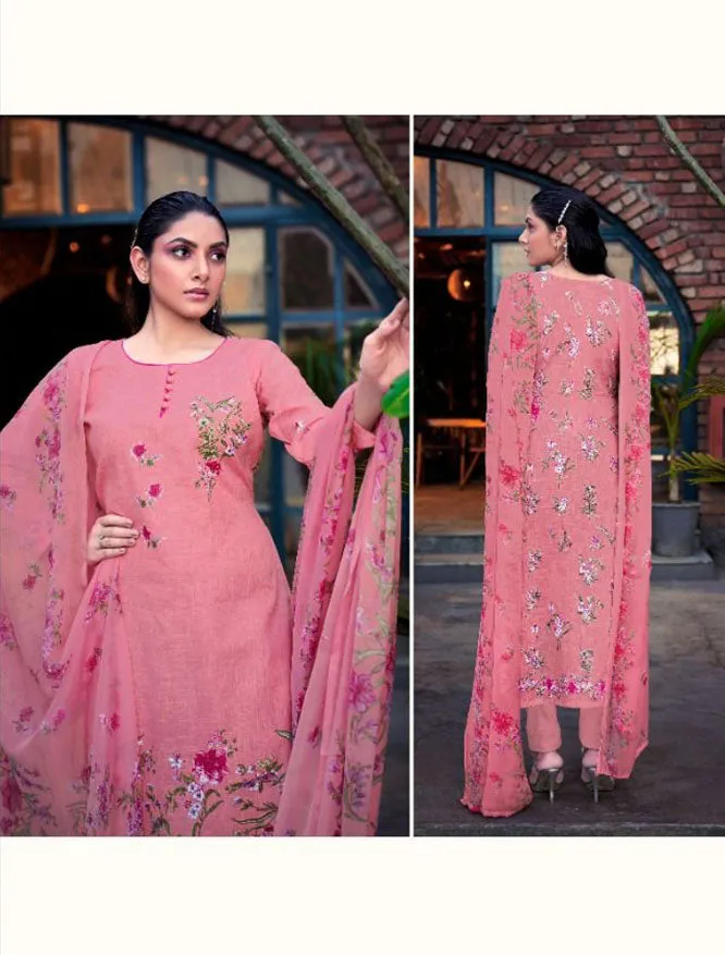 Cotton Linen Printed Pink Dress Materials with Chiffon Dupatta