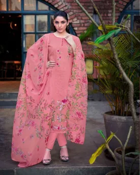 Cotton Linen Printed Pink Dress Materials with Chiffon Dupatta