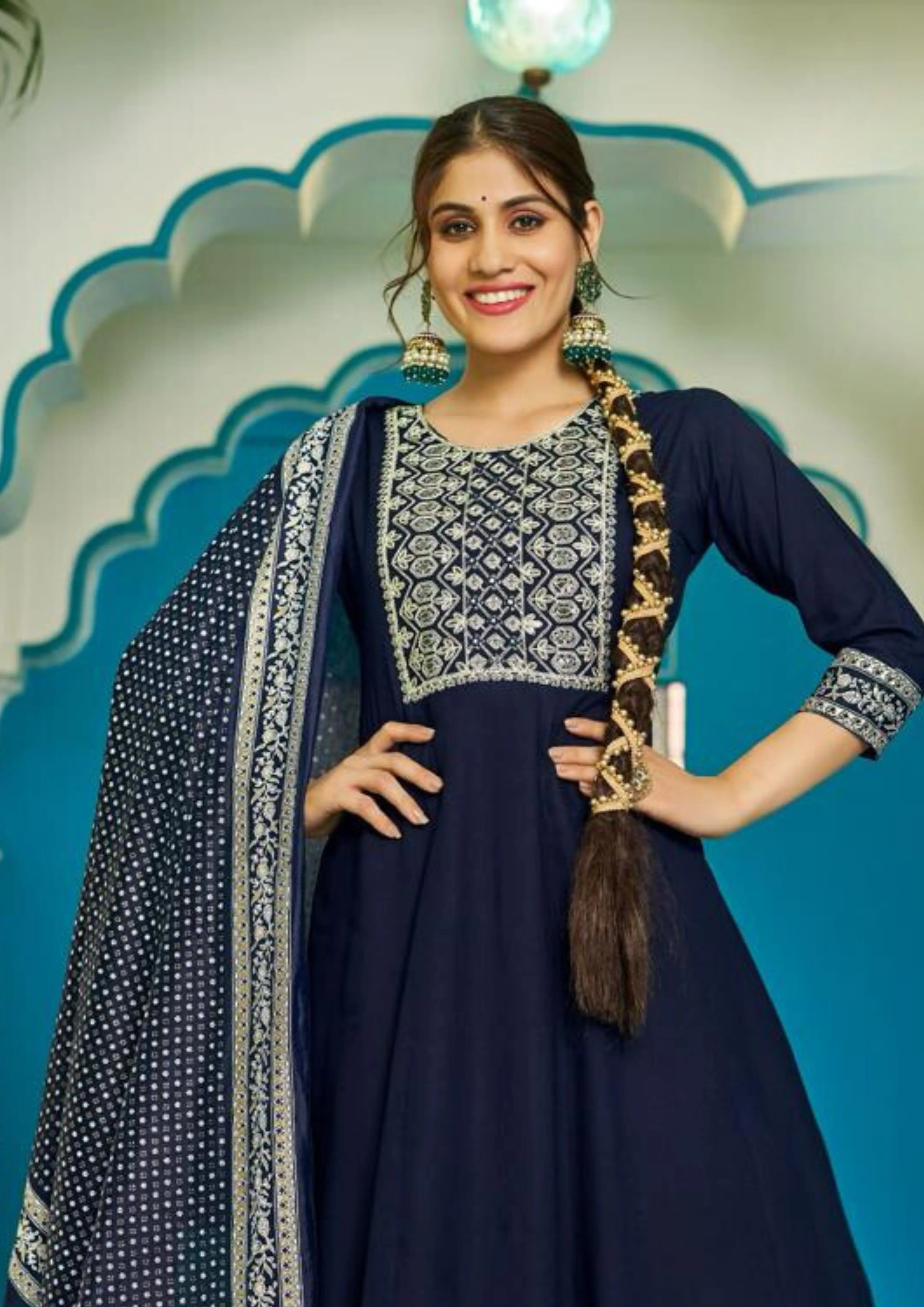 Dazzling Blue Color Rayon Foil Print And Embroidery work Salwar Suits For Women