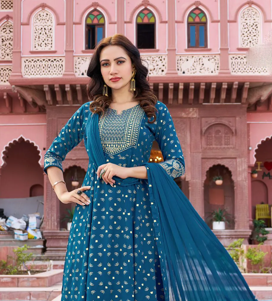 Dazzling Teal Blue Color Rayon Foil Printed And Embroidery work Salwar Suits For Women