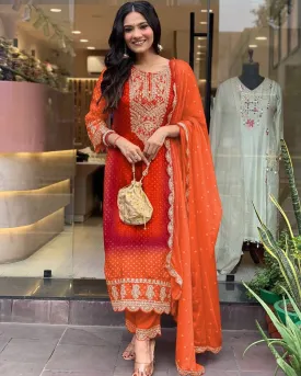 Delightful Orange Colored Heavy Embroidery With Sequins Work Pure Chinon Palazzo Suits For Women