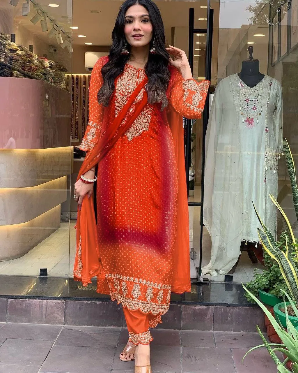 Delightful Orange Colored Heavy Embroidery With Sequins Work Pure Chinon Palazzo Suits For Women