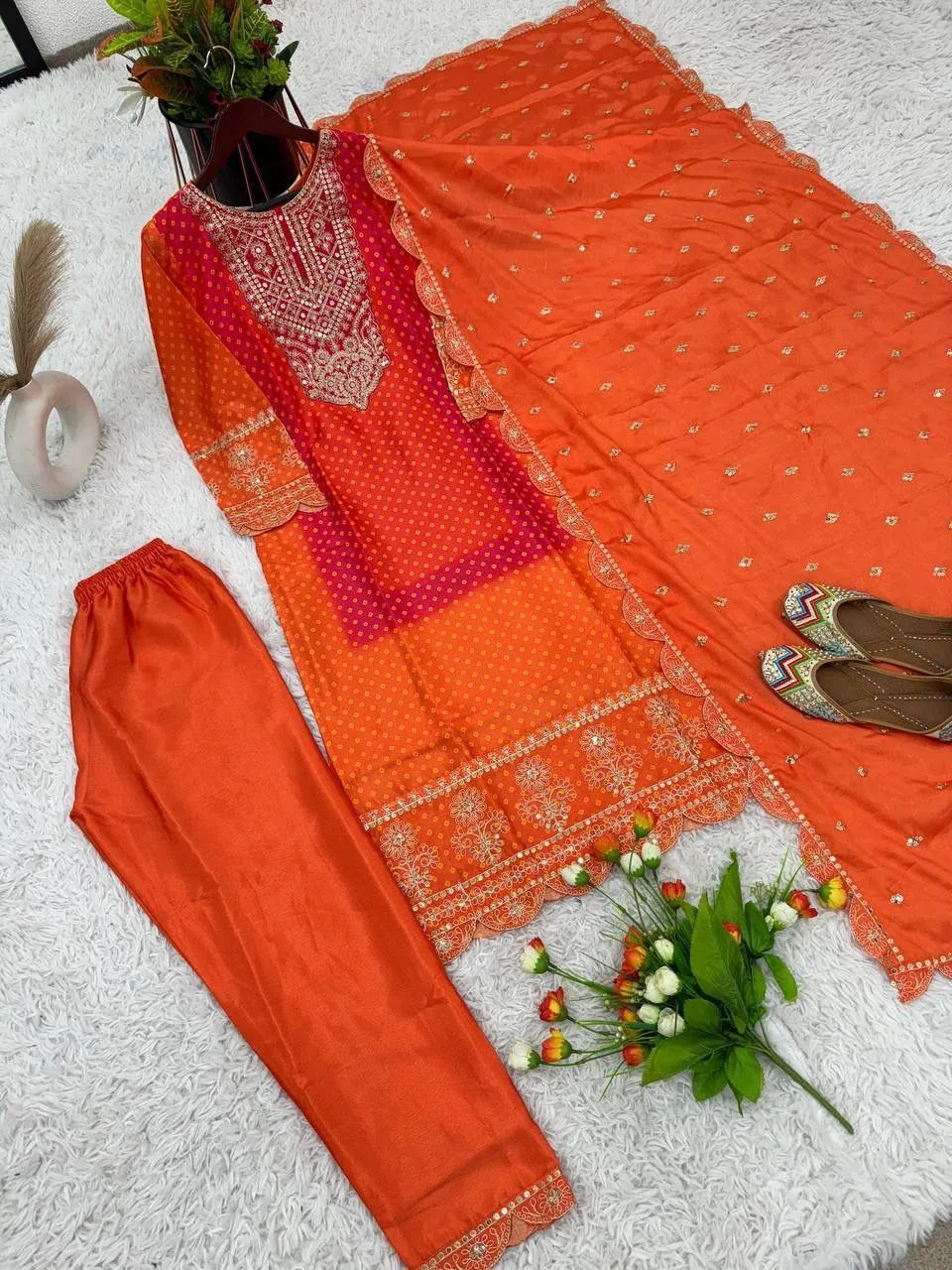 Delightful Orange Colored Heavy Embroidery With Sequins Work Pure Chinon Palazzo Suits For Women