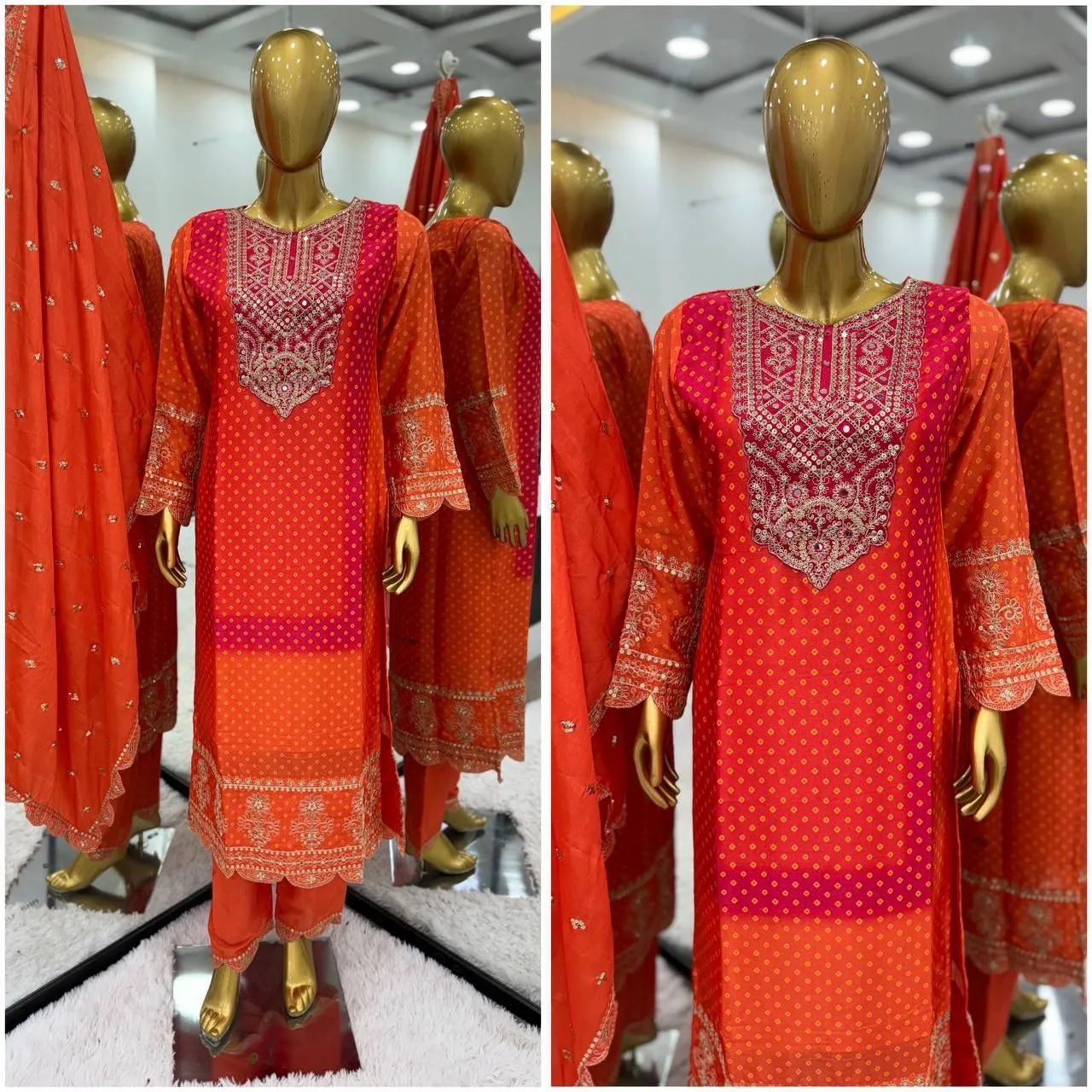 Delightful Orange Colored Heavy Embroidery With Sequins Work Pure Chinon Palazzo Suits For Women