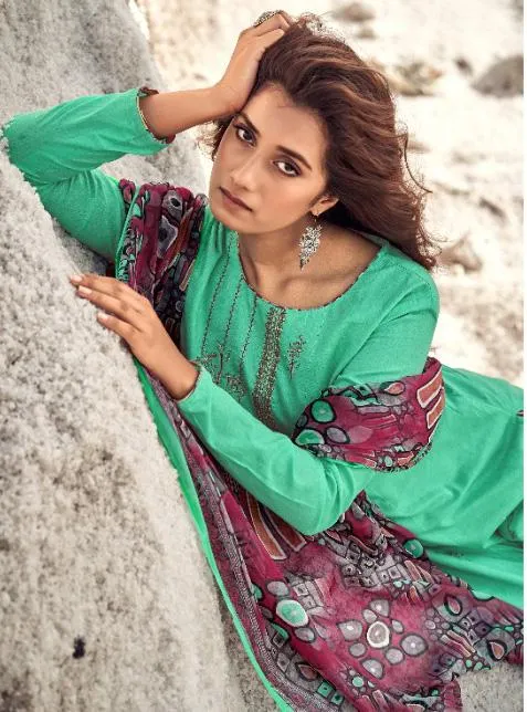 Designer Salwar Green Cotton Suits Set for Women with Embroidery