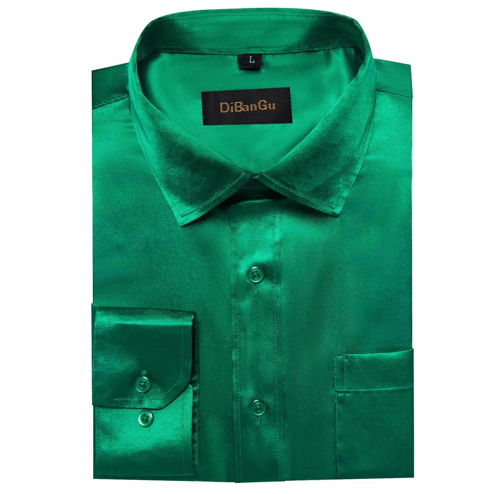 DiBanGu Long Sleeve Shirt Parakeet Green Solid Satin Men's Silk Shirt