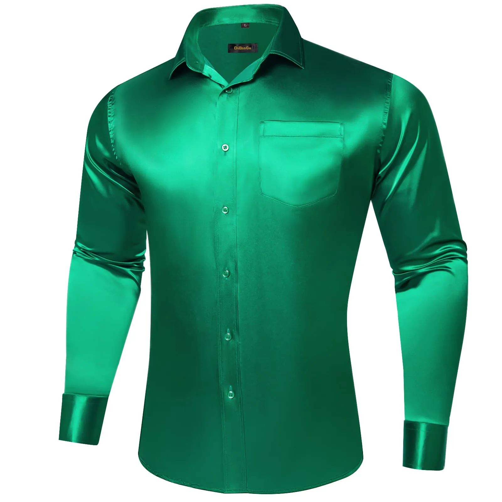 DiBanGu Long Sleeve Shirt Parakeet Green Solid Satin Men's Silk Shirt