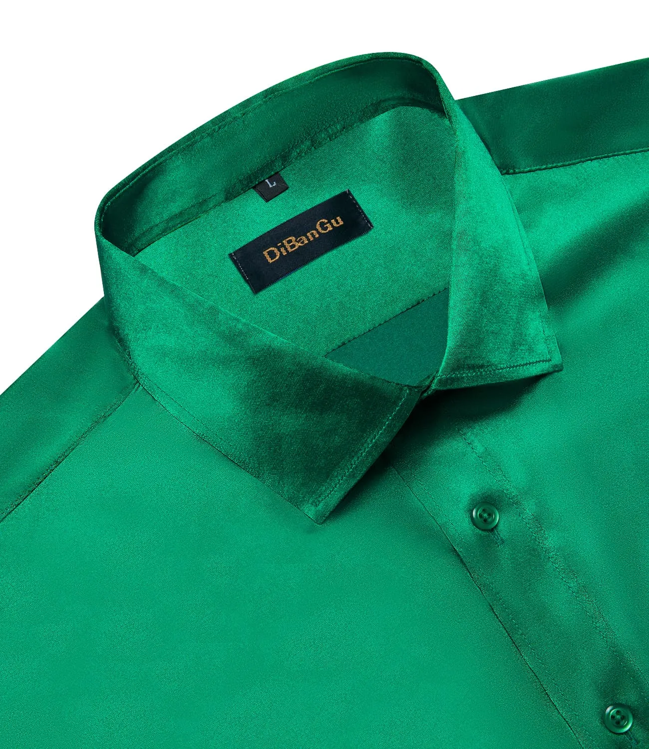 DiBanGu Long Sleeve Shirt Parakeet Green Solid Satin Men's Silk Shirt