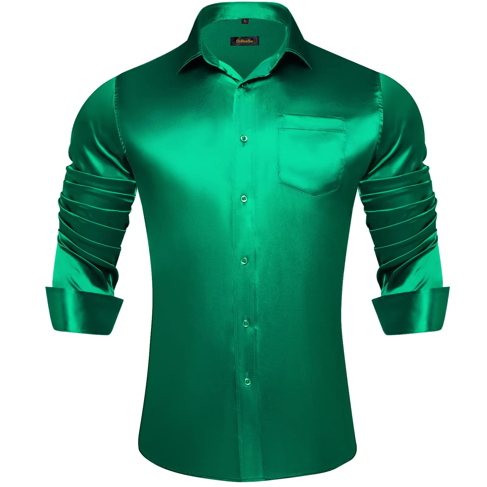 DiBanGu Long Sleeve Shirt Parakeet Green Solid Satin Men's Silk Shirt