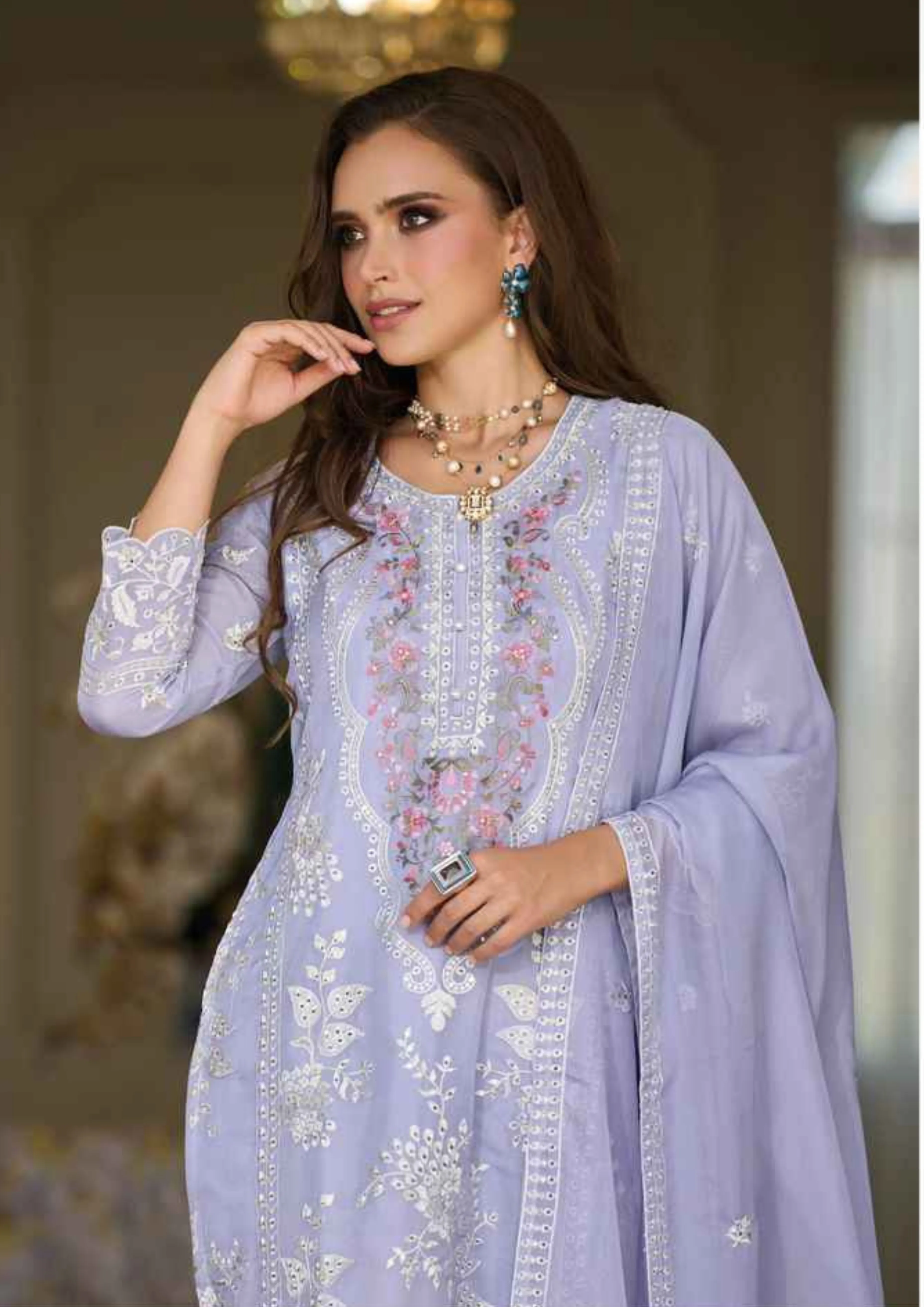 Elegant Lavender Color Soft Organza Salwar Suits For Women