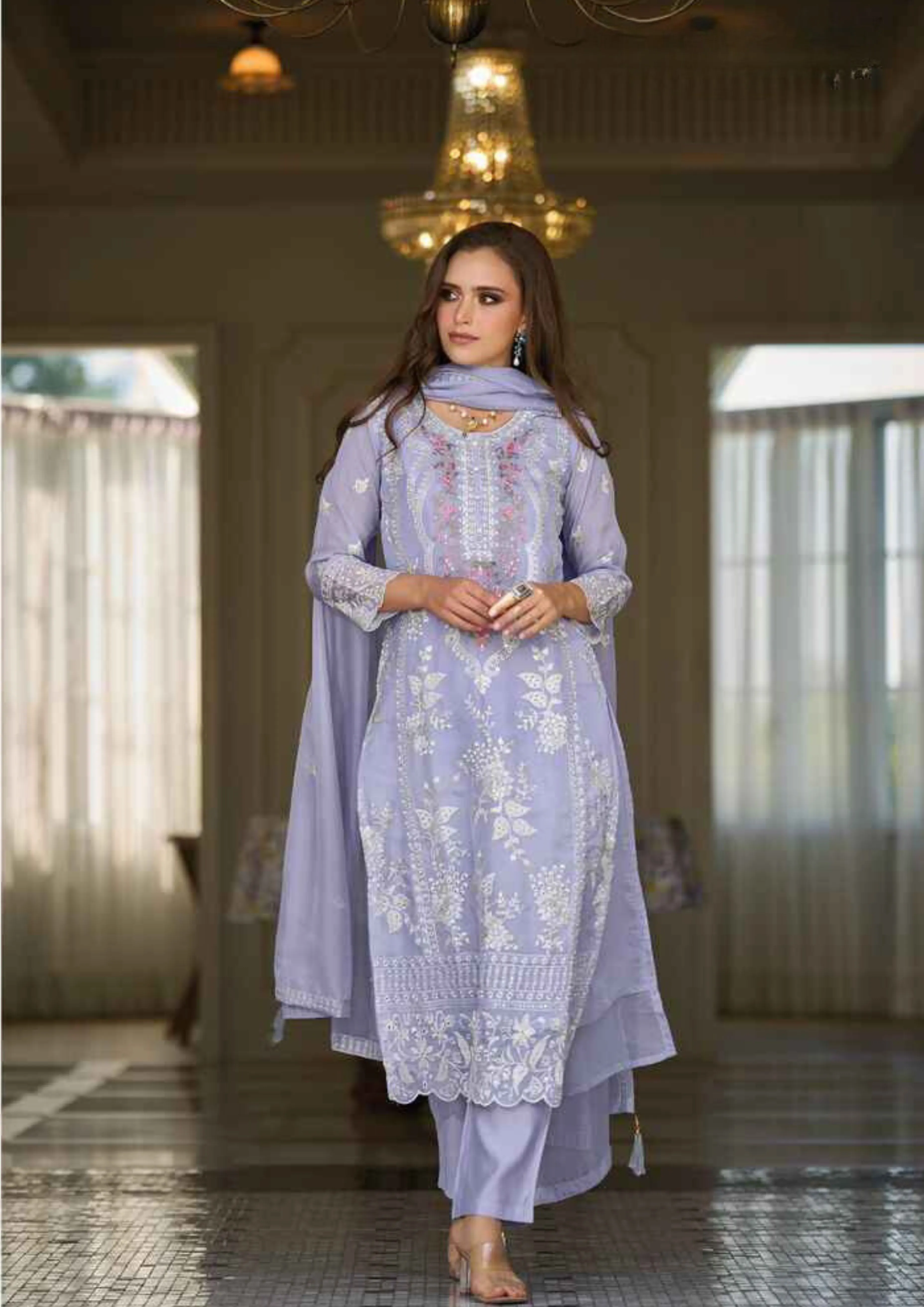 Elegant Lavender Color Soft Organza Salwar Suits For Women