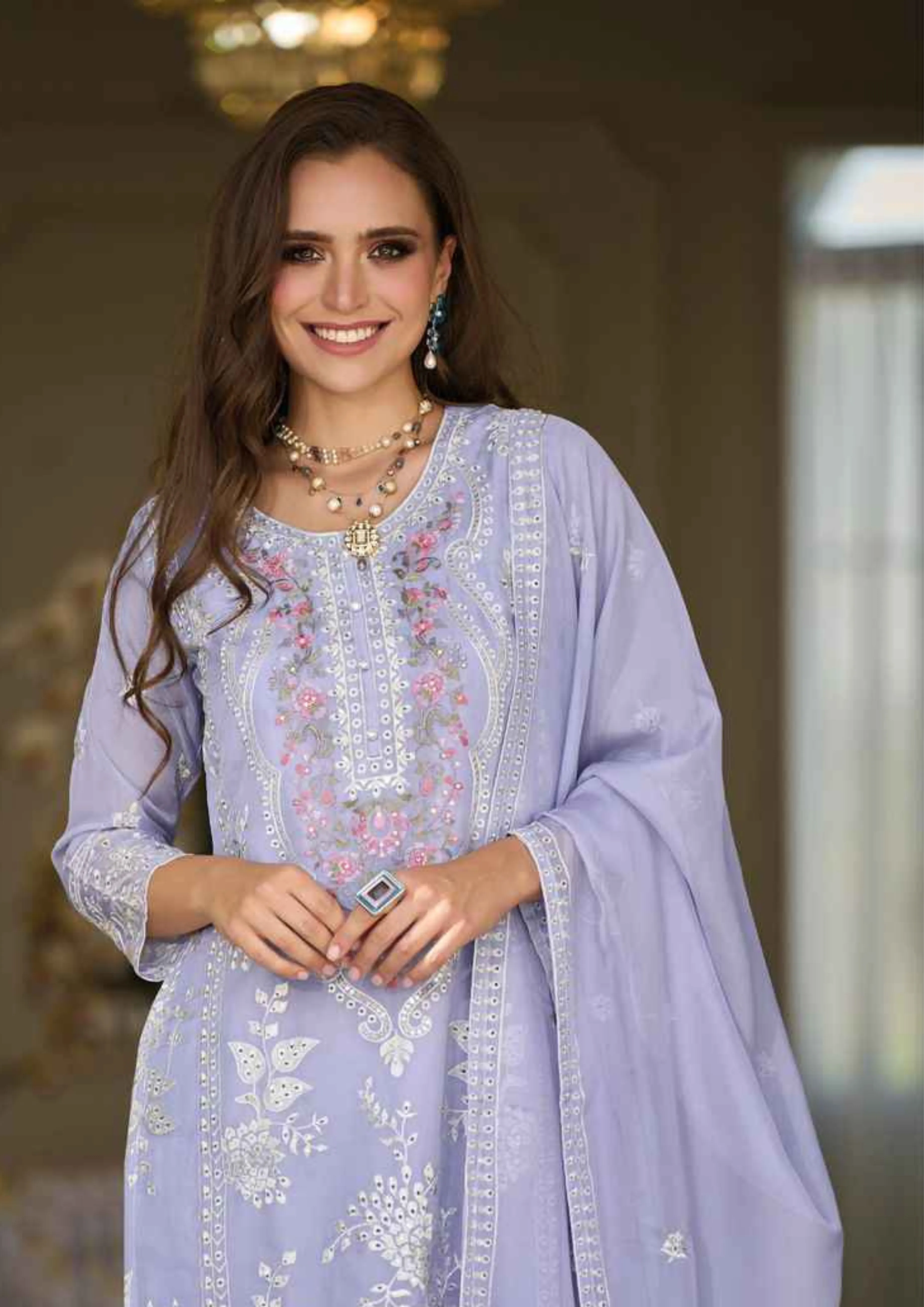 Elegant Lavender Color Soft Organza Salwar Suits For Women