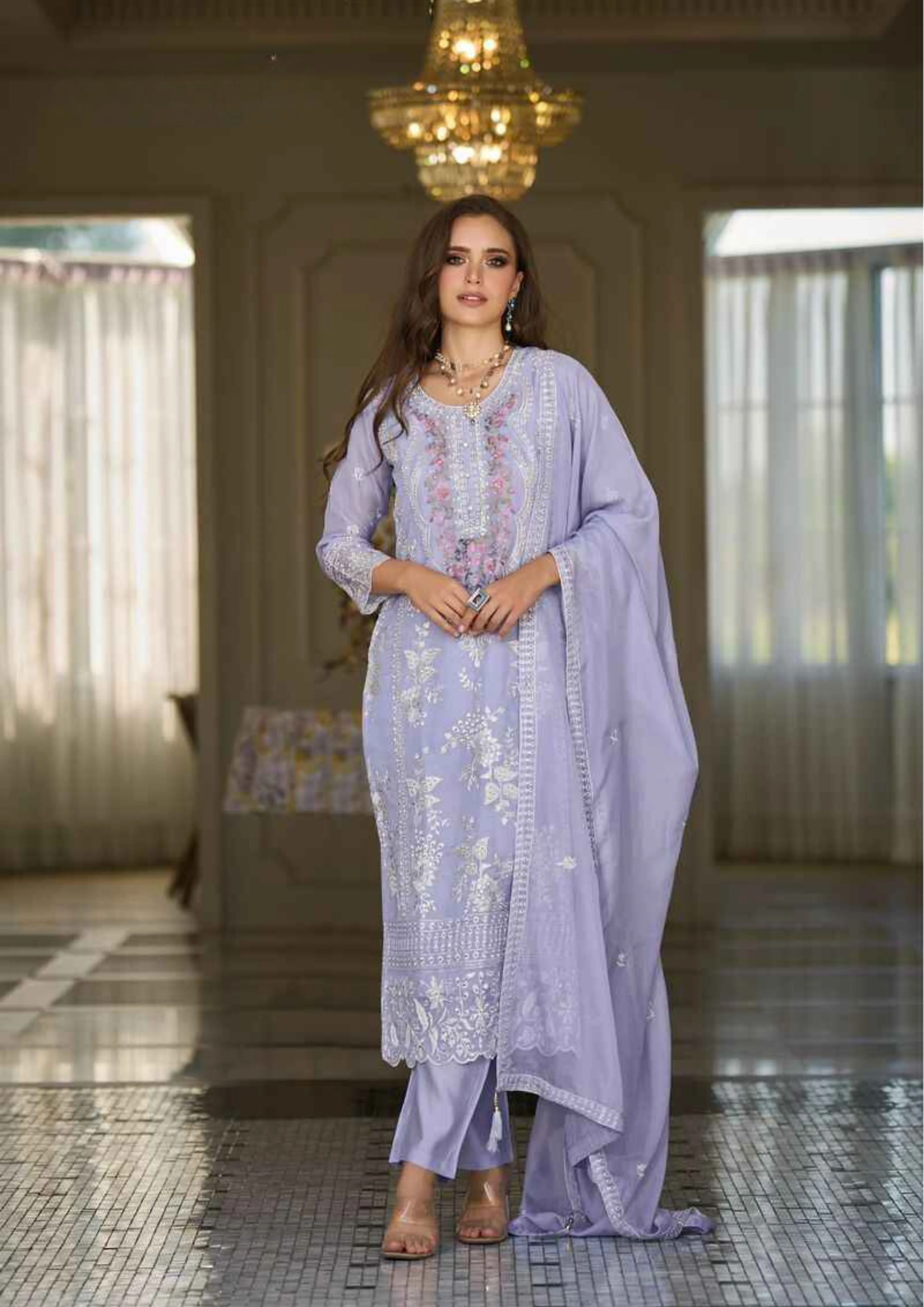 Elegant Lavender Color Soft Organza Salwar Suits For Women