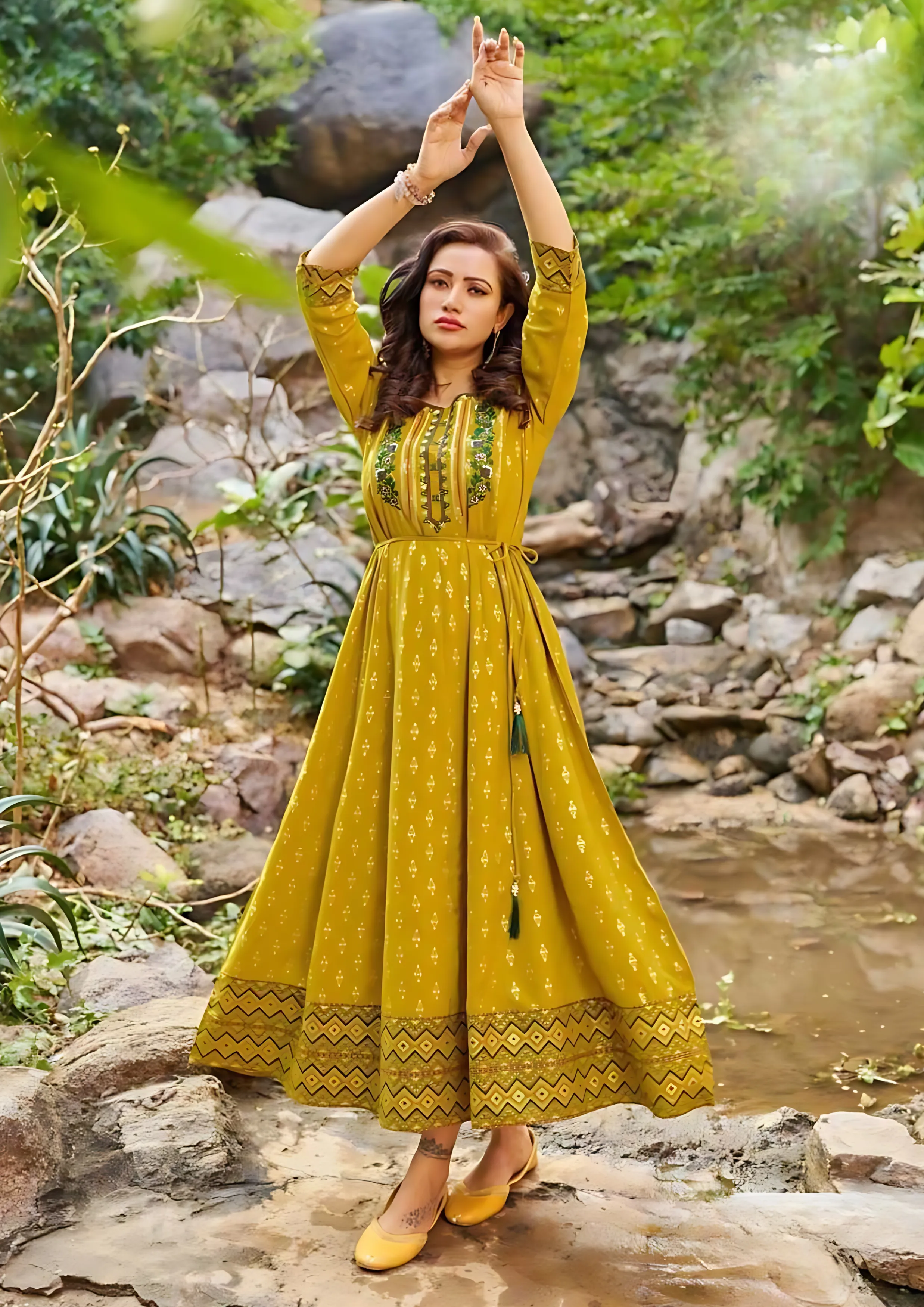 Elegant Mustard Yellow Colored Rayon Foil Print Work Kurti For Women