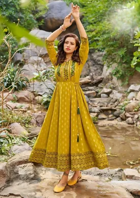 Elegant Mustard Yellow Colored Rayon Foil Print Work Kurti For Women