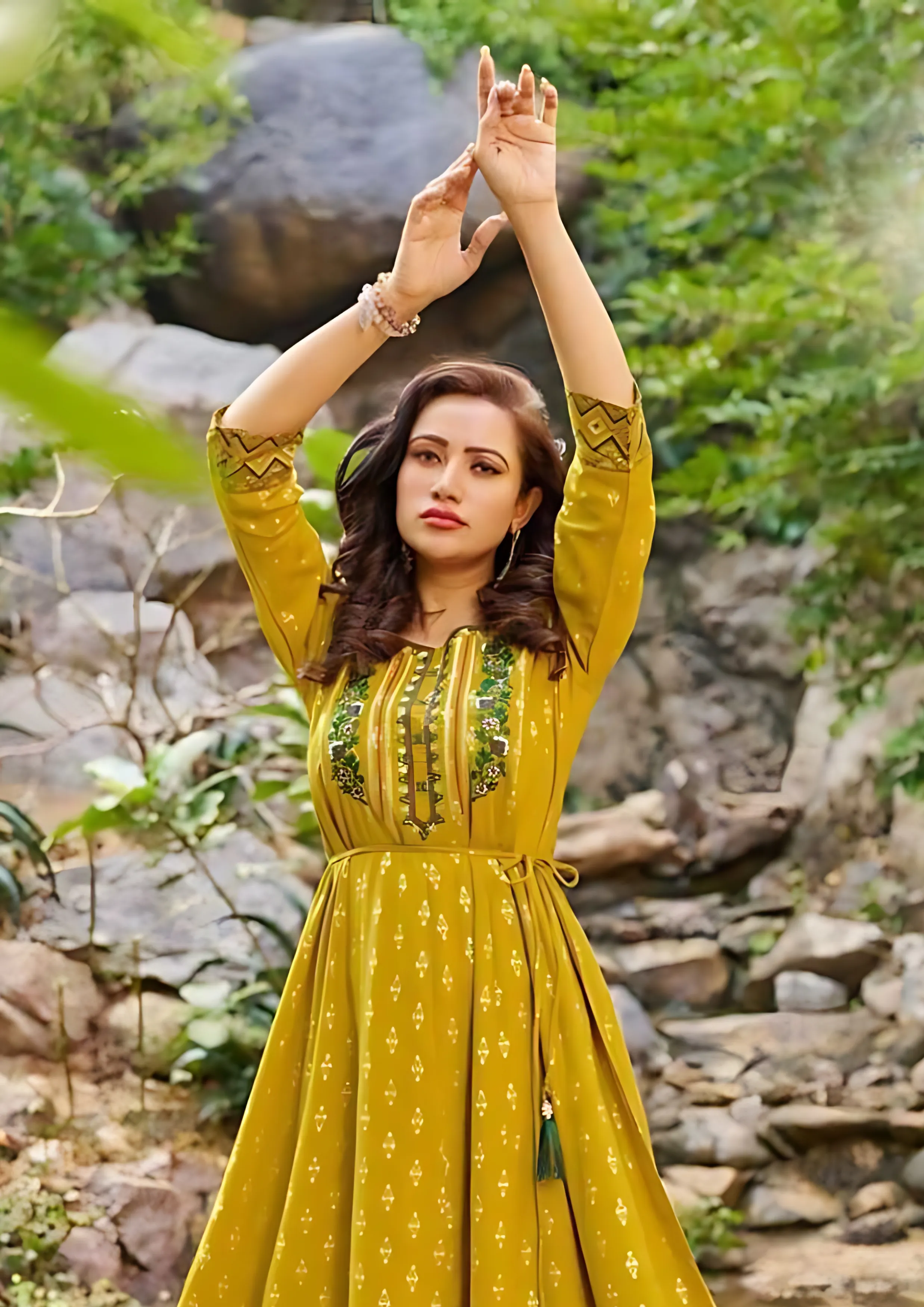 Elegant Mustard Yellow Colored Rayon Foil Print Work Kurti For Women