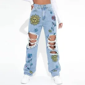 Elyse Floral & Sun Print Ripped Jeans