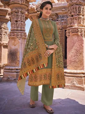 Faux Pashmina Green Unstitched Suits Dress Material for Woman