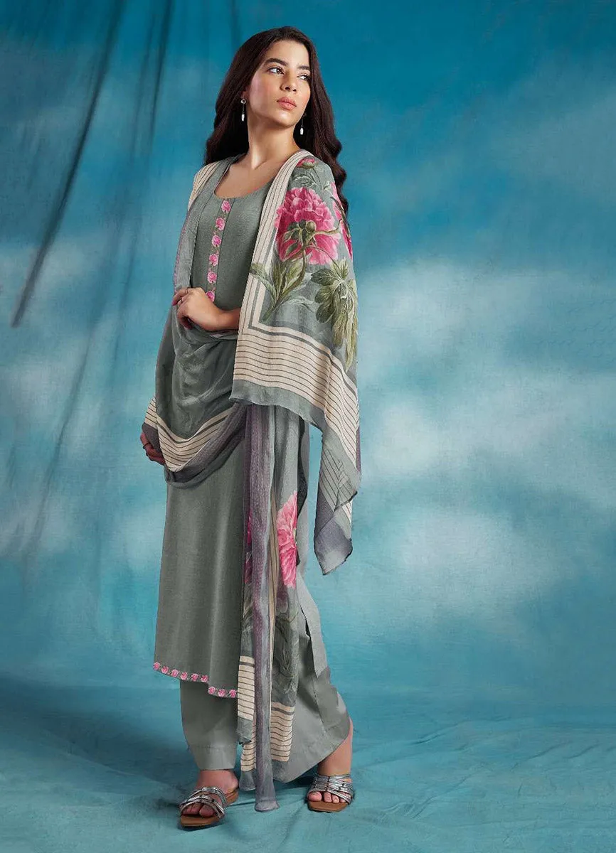 Ganga Cotton Linen Grey Unstitched Ladies Suit Dress Material