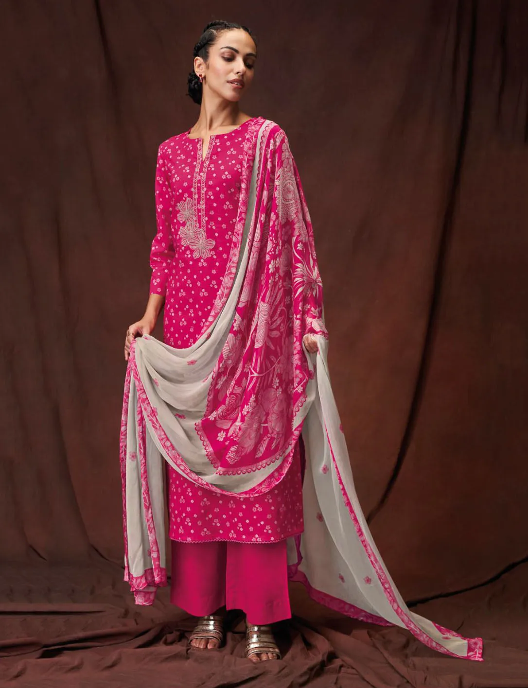 Ganga Unstitched Suit Material Fabric with Chiffon Dupatta Pink