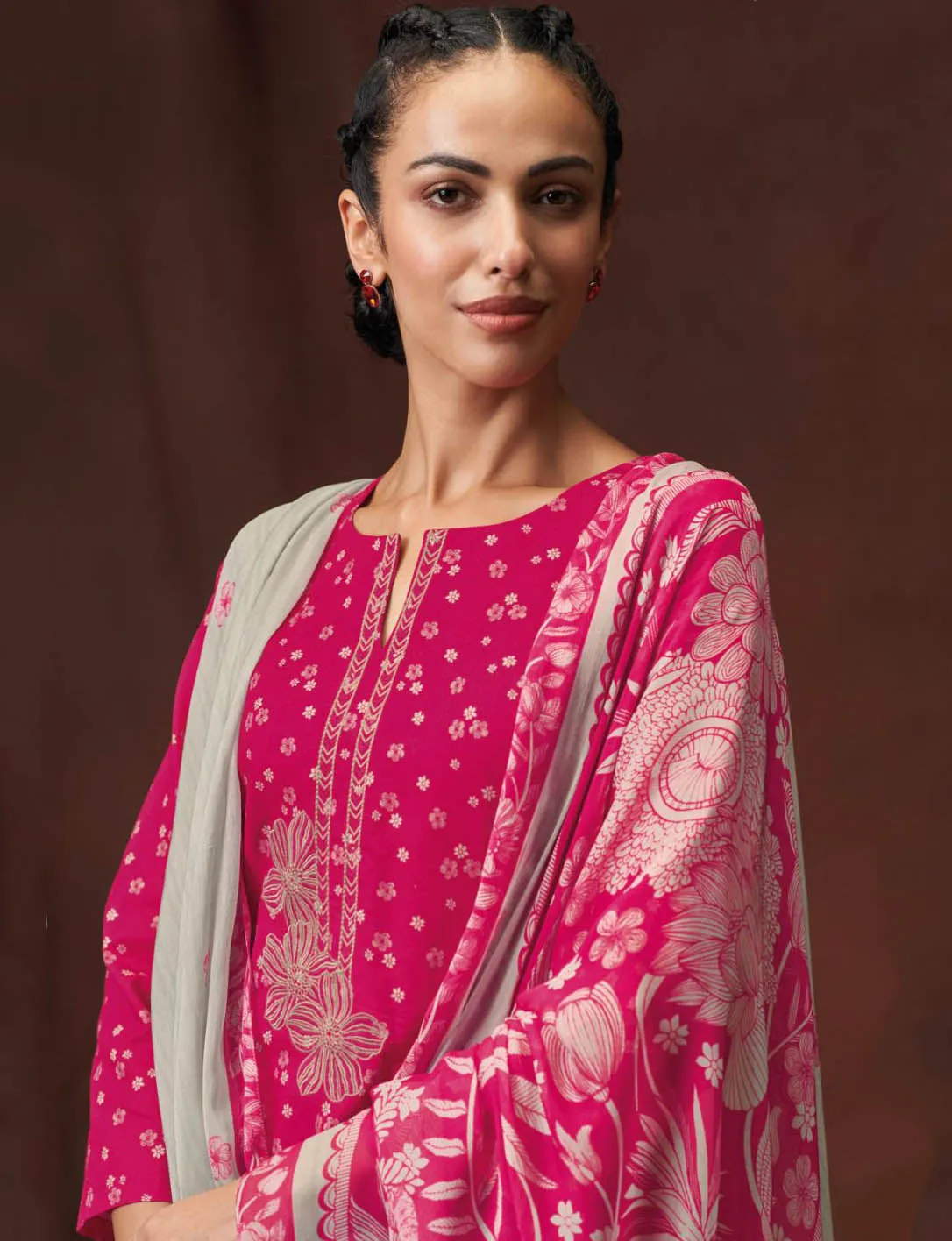 Ganga Unstitched Suit Material Fabric with Chiffon Dupatta Pink