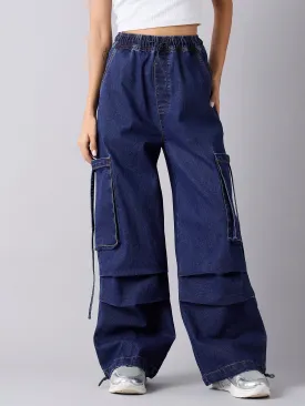 Girls Blue Wash Side Pockets Cargo Jeans