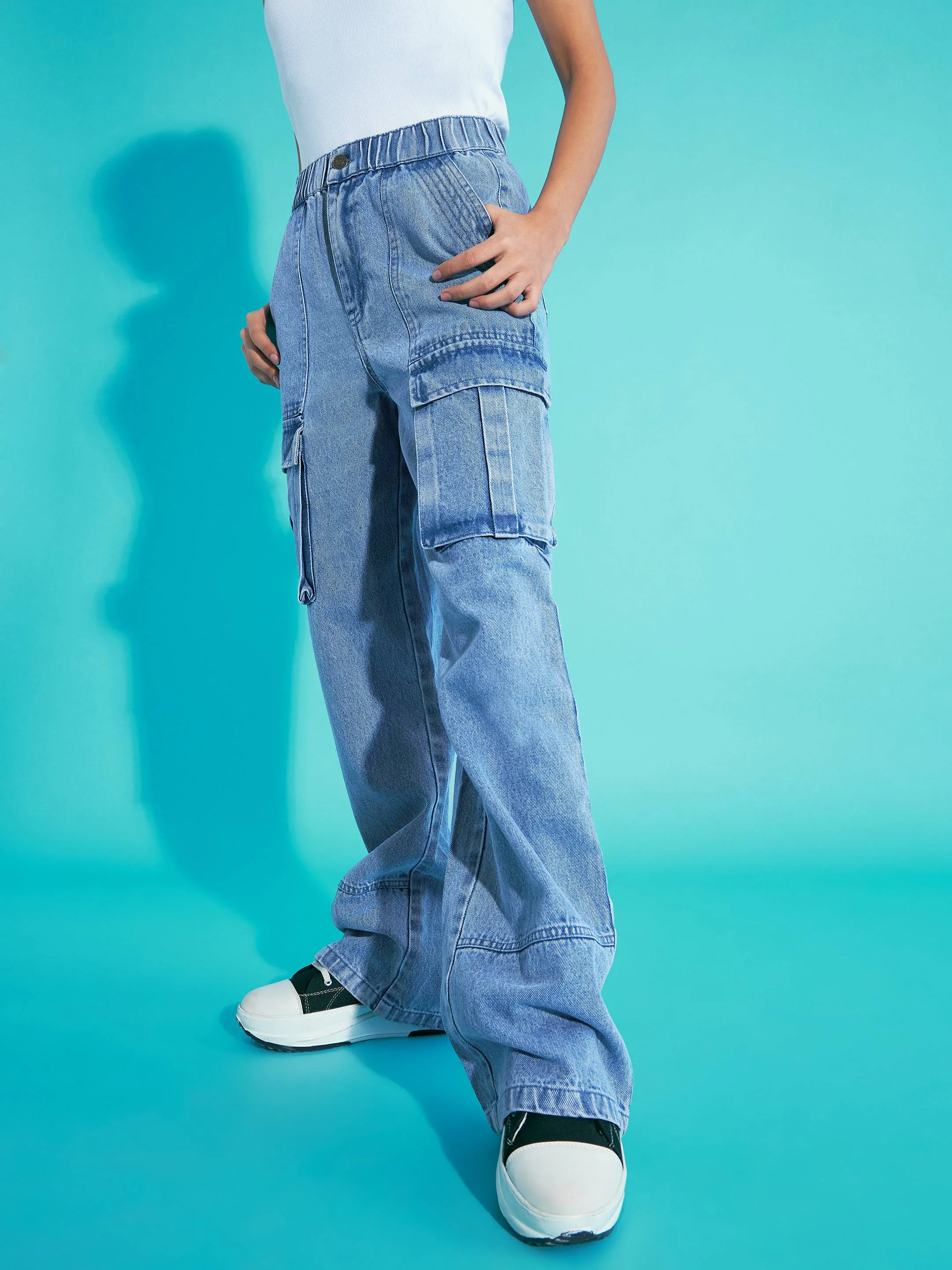 Girls Ice Blue Acid Wash Elasticated Waist Cargo Jeans