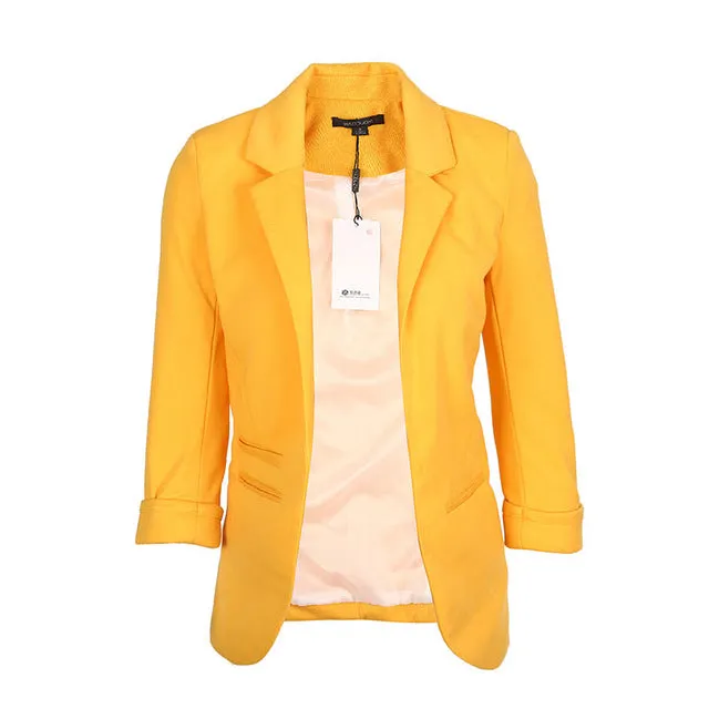 HDY Haoduoyi 2017 Autumn Women 7 Colors Slim Fit Blazer Jackets Notched Office Work Open Front Blazer Outfits Candy Color Coats