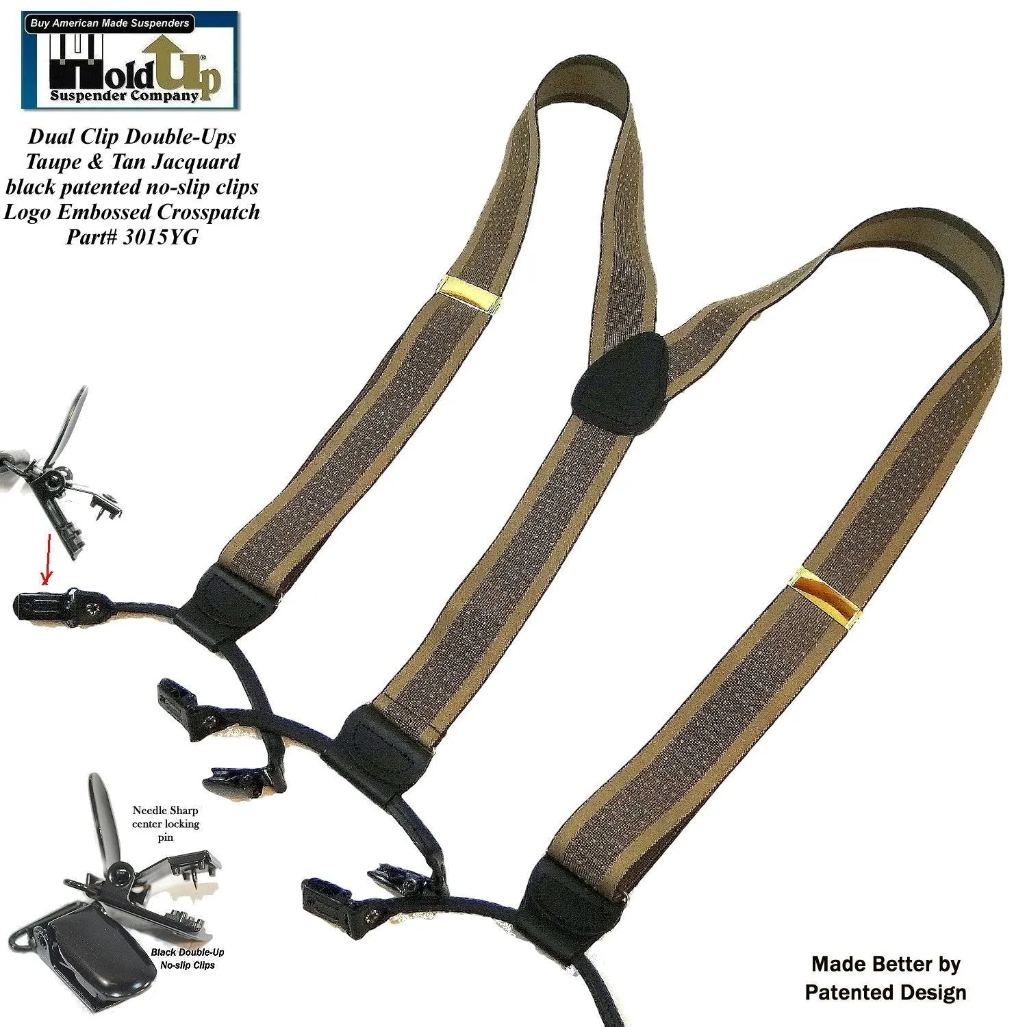 Hold-Up Brand Tan and Taupe Jacquard Double-ups Y-back Suspenders with USA Patented Black No-slip Clips