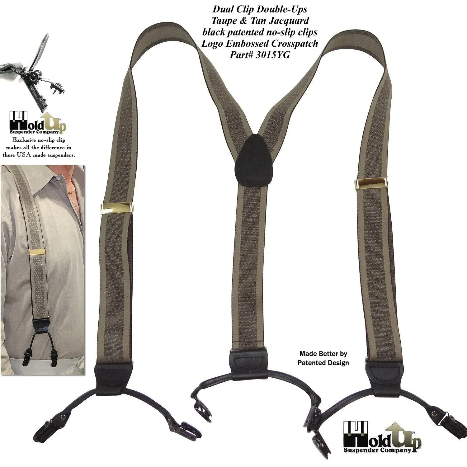 Hold-Up Brand Tan and Taupe Jacquard Double-ups Y-back Suspenders with USA Patented Black No-slip Clips