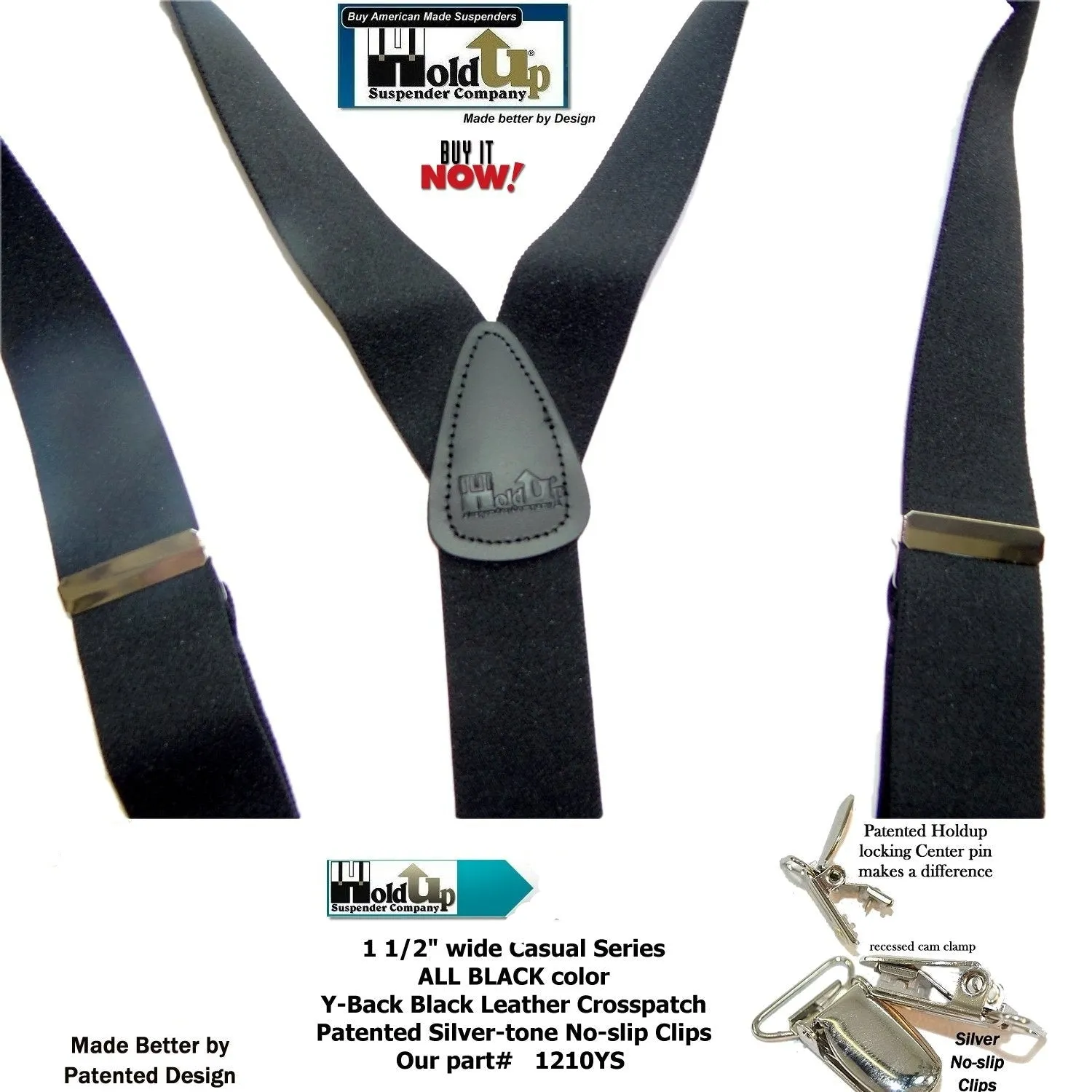 HoldUp Brand All Black Casual Series Y-back Suspenders with patented silver No-Slip clips