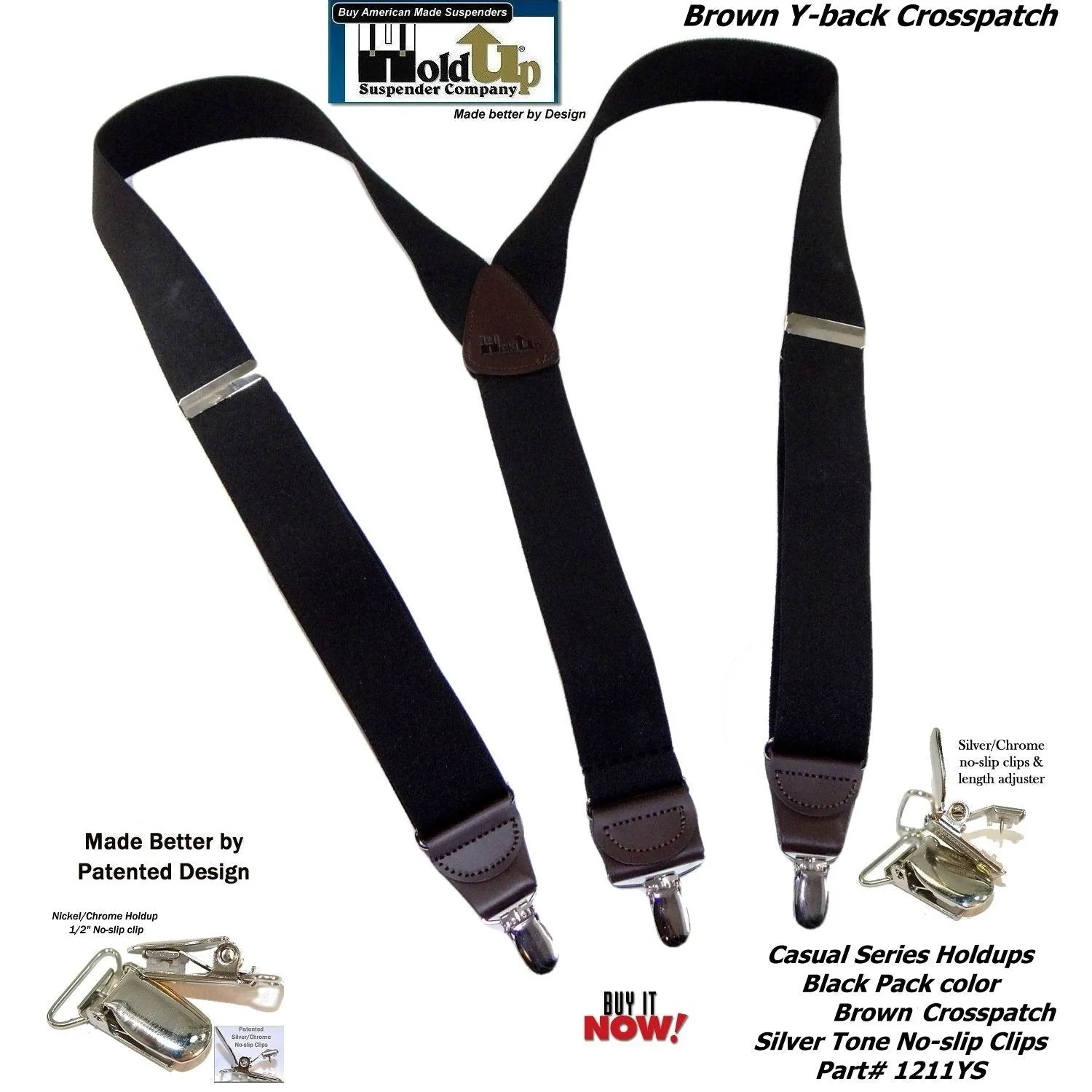 HoldUp Brand All Black Casual Series Y-back Suspenders with patented silver No-Slip clips