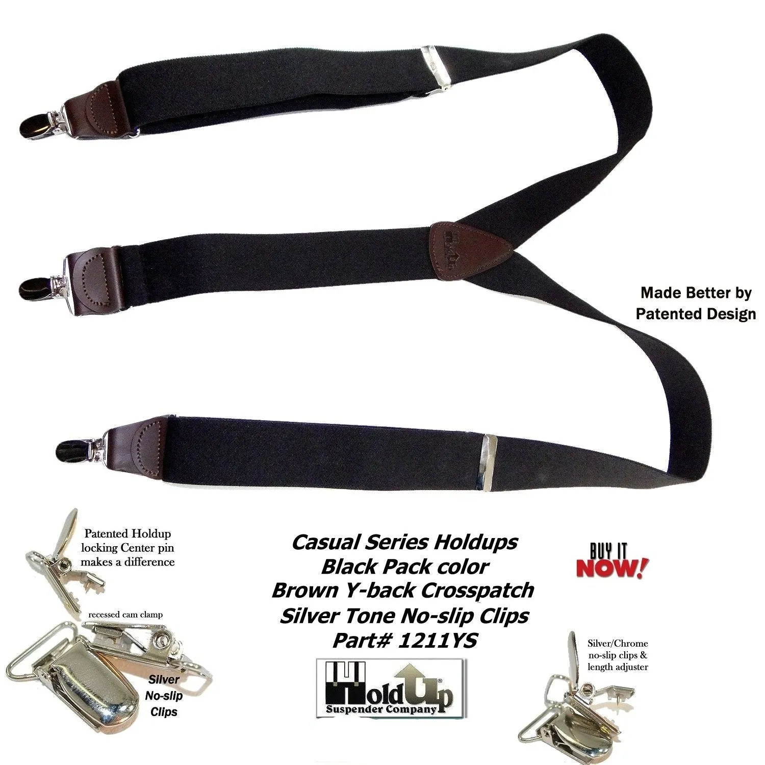 HoldUp Brand All Black Casual Series Y-back Suspenders with patented silver No-Slip clips