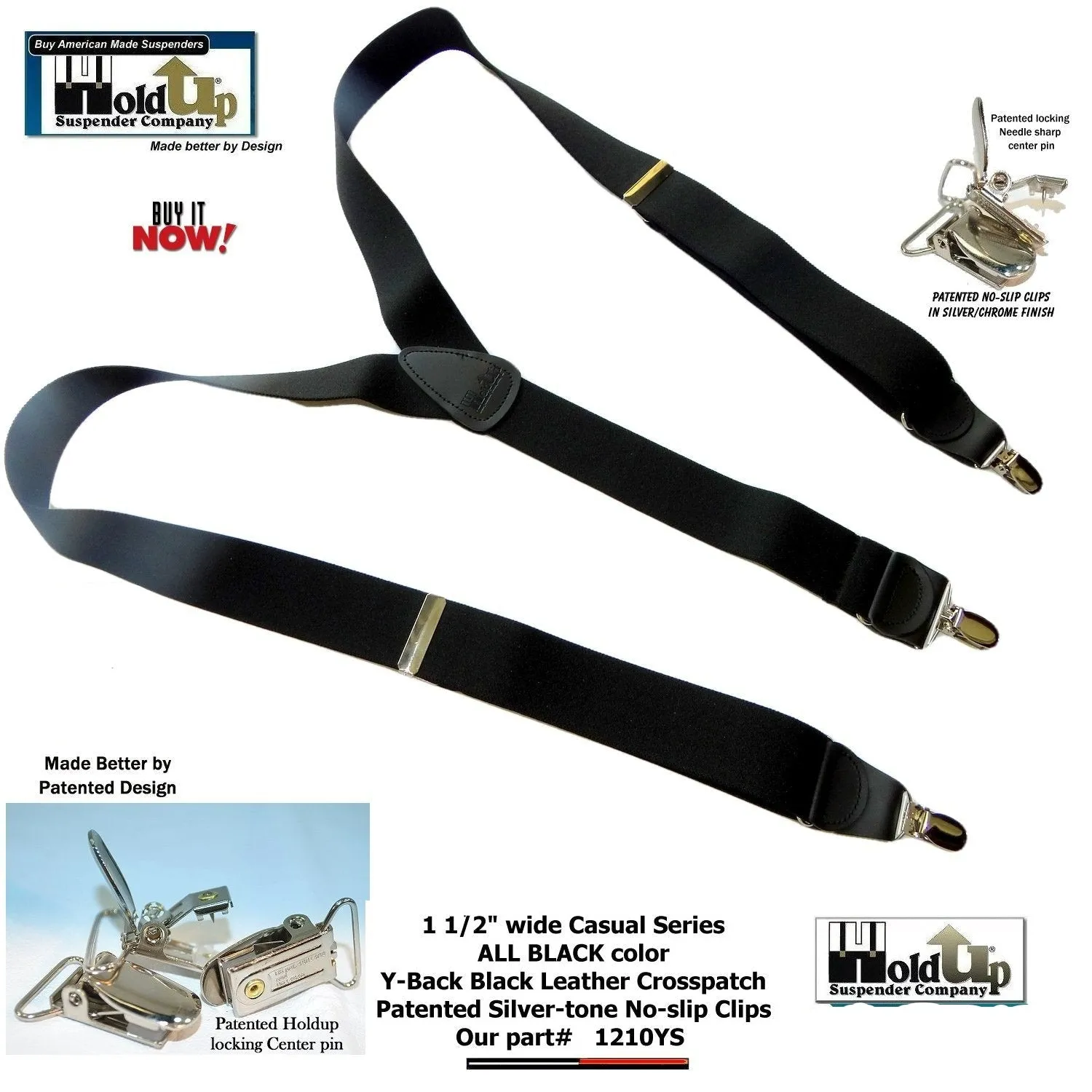 HoldUp Brand All Black Casual Series Y-back Suspenders with patented silver No-Slip clips