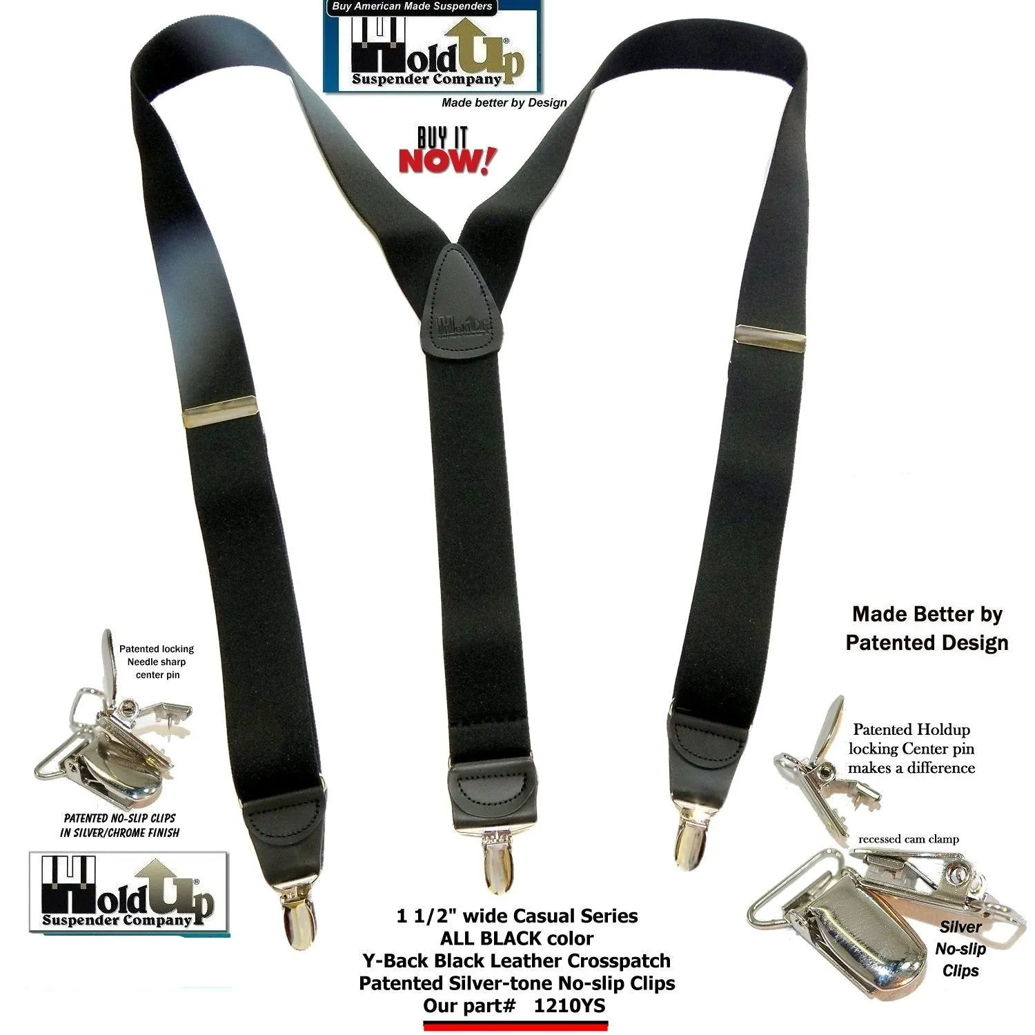 HoldUp Brand All Black Casual Series Y-back Suspenders with patented silver No-Slip clips