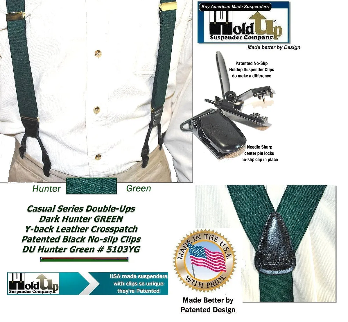 Holdup Brand Dark Hunter Green Dual Clip Double-Up Style Suspenders with Y-Back crosspatch and Patented no-slip clips