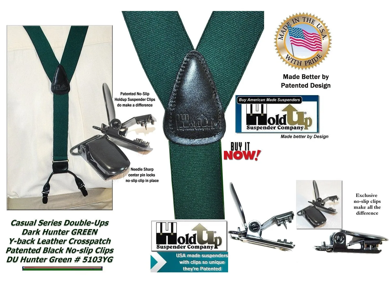 Holdup Brand Dark Hunter Green Dual Clip Double-Up Style Suspenders with Y-Back crosspatch and Patented no-slip clips