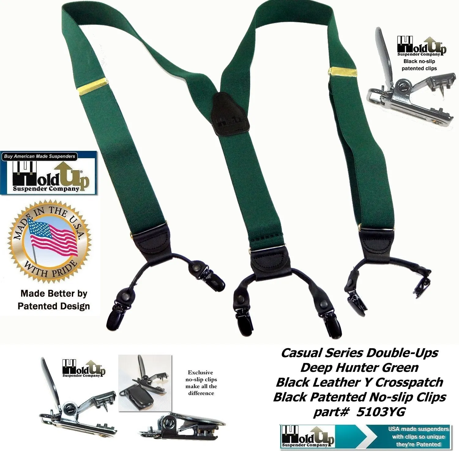 Holdup Brand Dark Hunter Green Dual Clip Double-Up Style Suspenders with Y-Back crosspatch and Patented no-slip clips