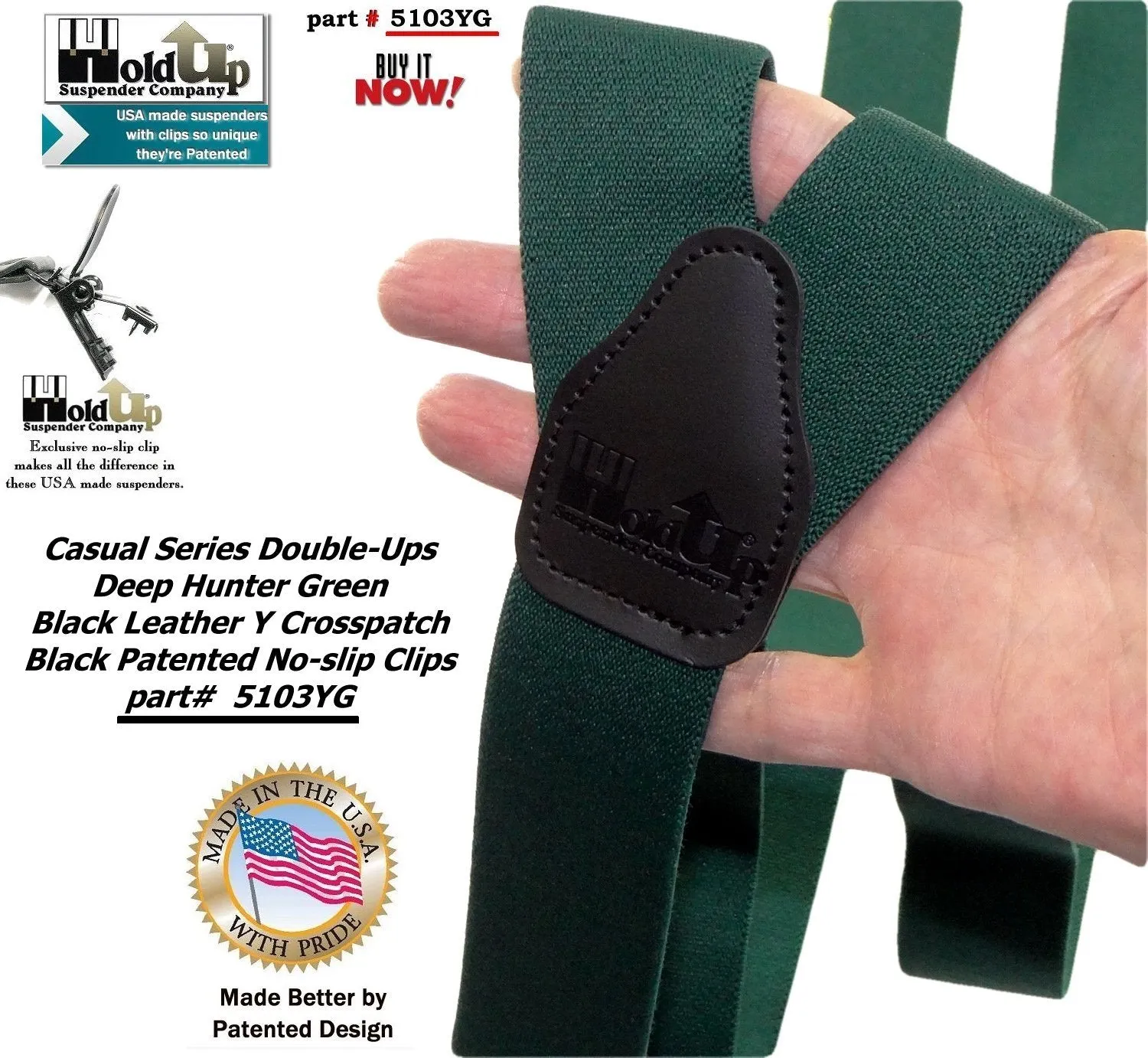 Holdup Brand Dark Hunter Green Dual Clip Double-Up Style Suspenders with Y-Back crosspatch and Patented no-slip clips