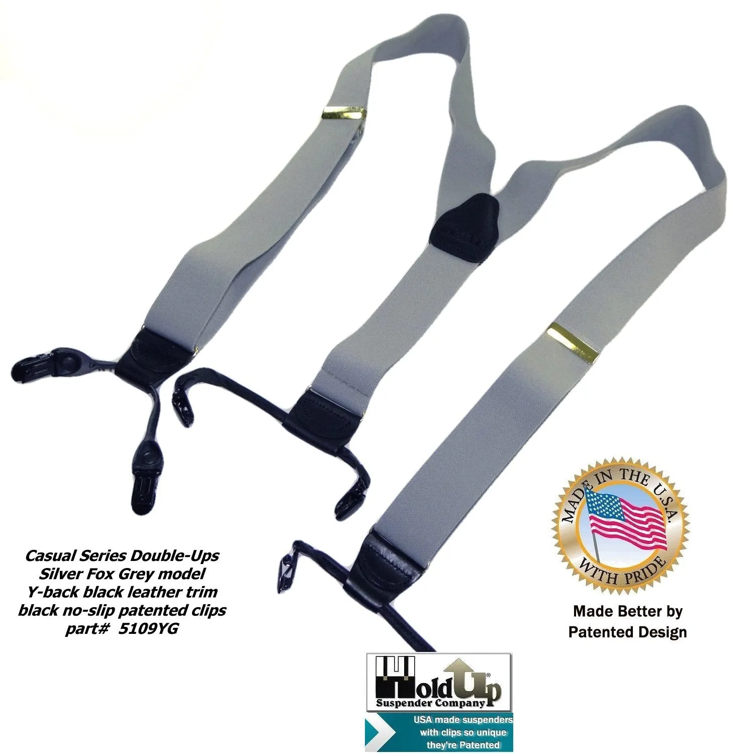 Holdup Brand Silver Fox Grey Dual-clip Double-ups Style Suspenders 1 1/2" wide with Patented No-slip Clips