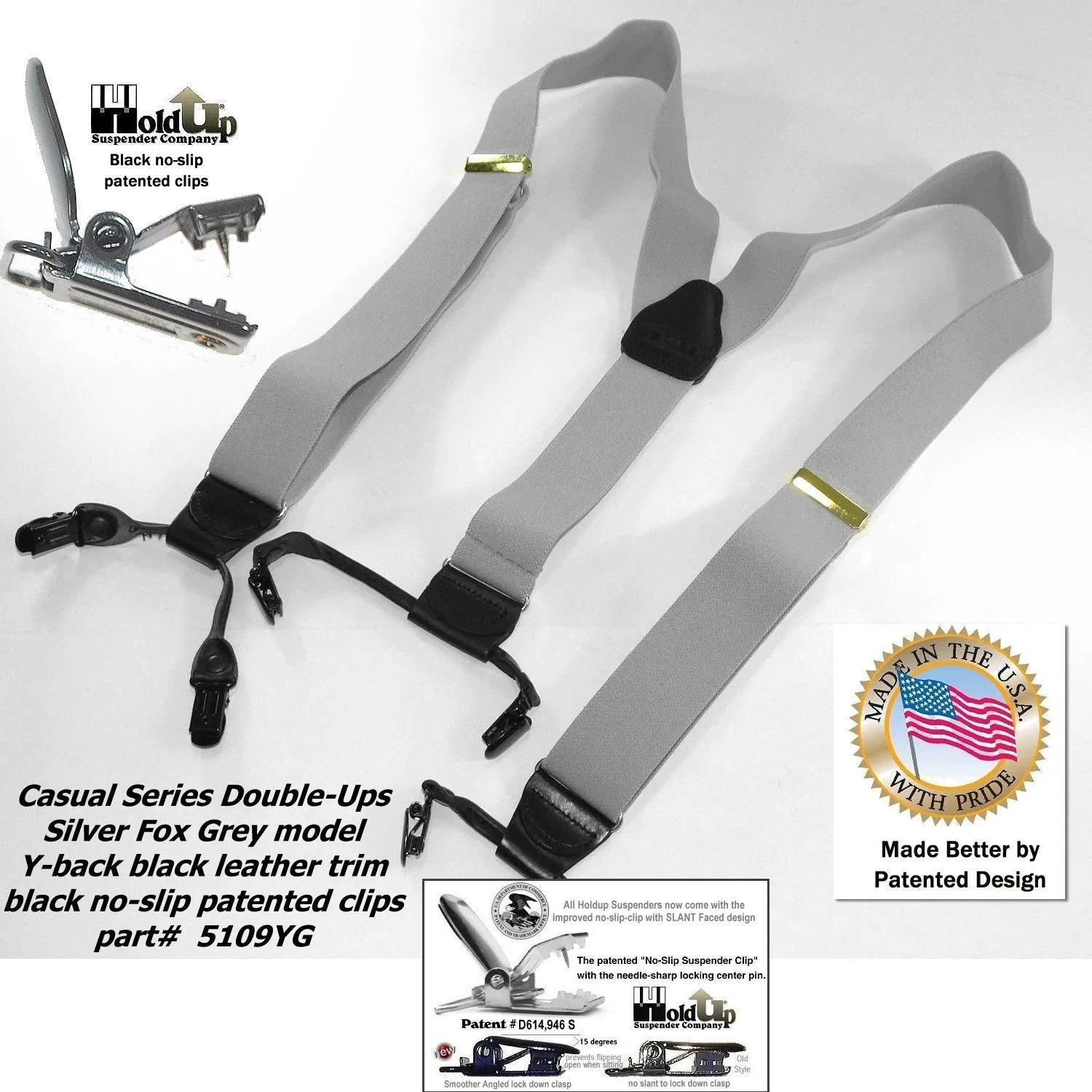 Holdup Brand Silver Fox Grey Dual-clip Double-ups Style Suspenders 1 1/2" wide with Patented No-slip Clips