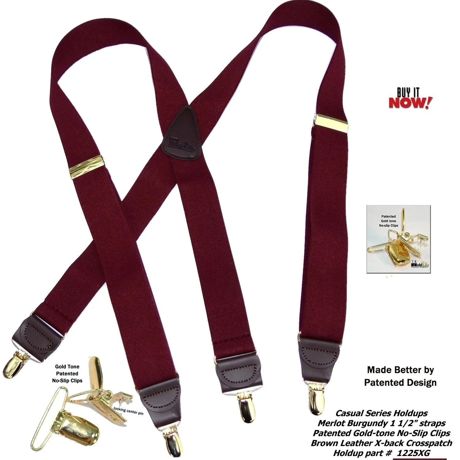 Holdup Suspender Company Merlot Burgundy Colored Men's Suspenders In X-Back Style With No Slip Gold-tone clips