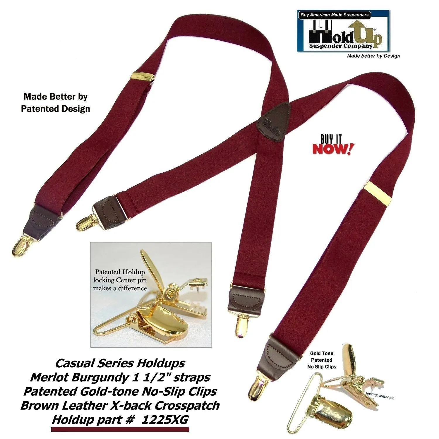 Holdup Suspender Company Merlot Burgundy Colored Men's Suspenders In X-Back Style With No Slip Gold-tone clips