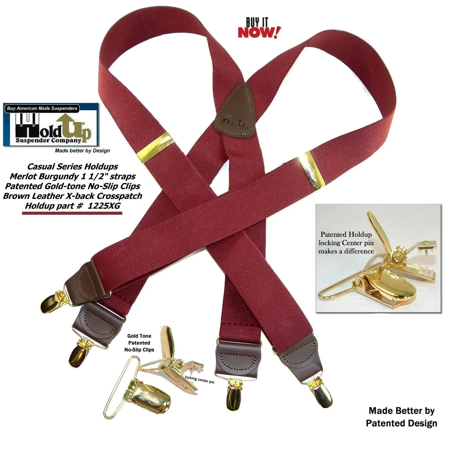 Holdup Suspender Company Merlot Burgundy Colored Men's Suspenders In X-Back Style With No Slip Gold-tone clips