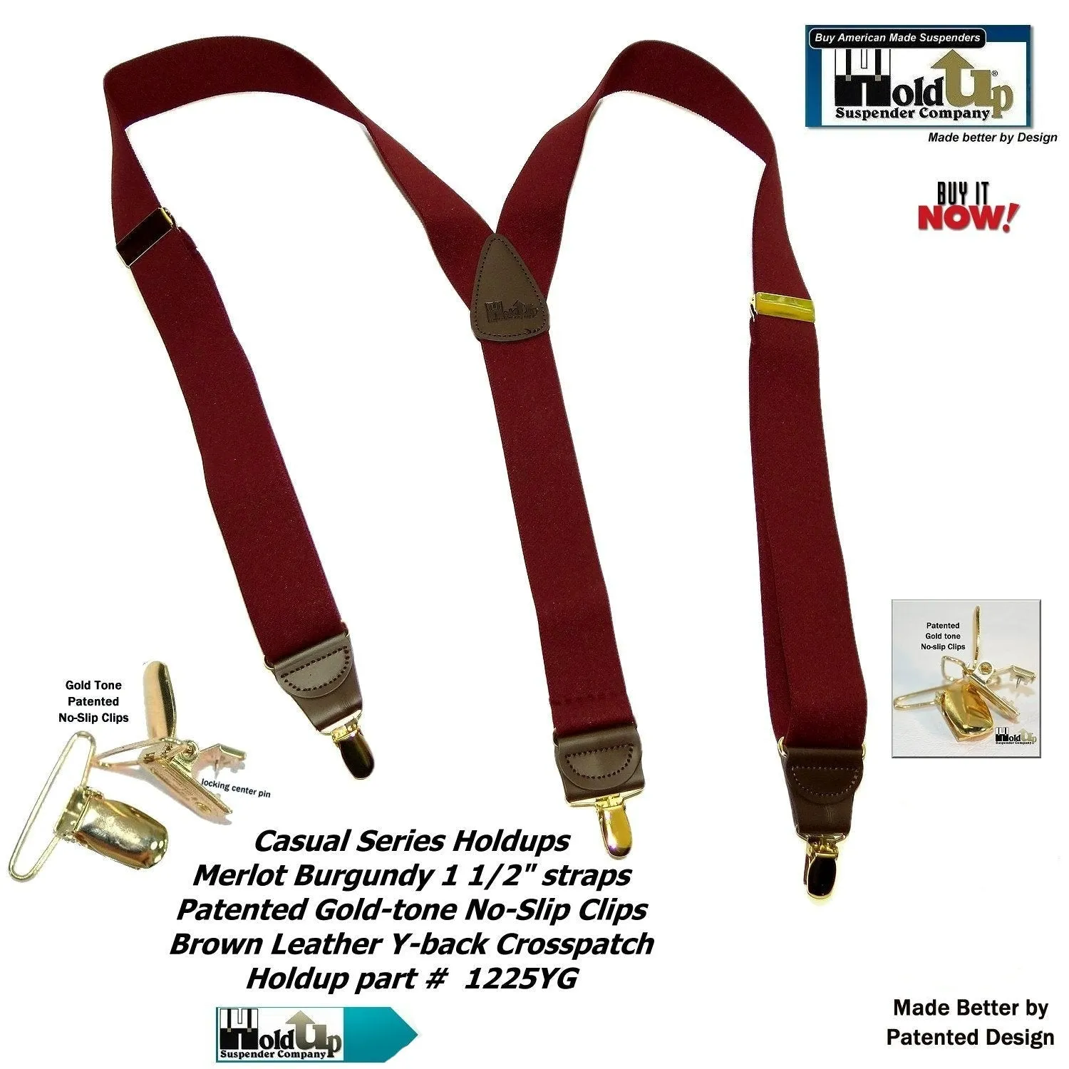 Holdup Y-back Casual Series Suspenders in deep Merlot Burgundy color with USA Patented No-slip Gold-tone  clips