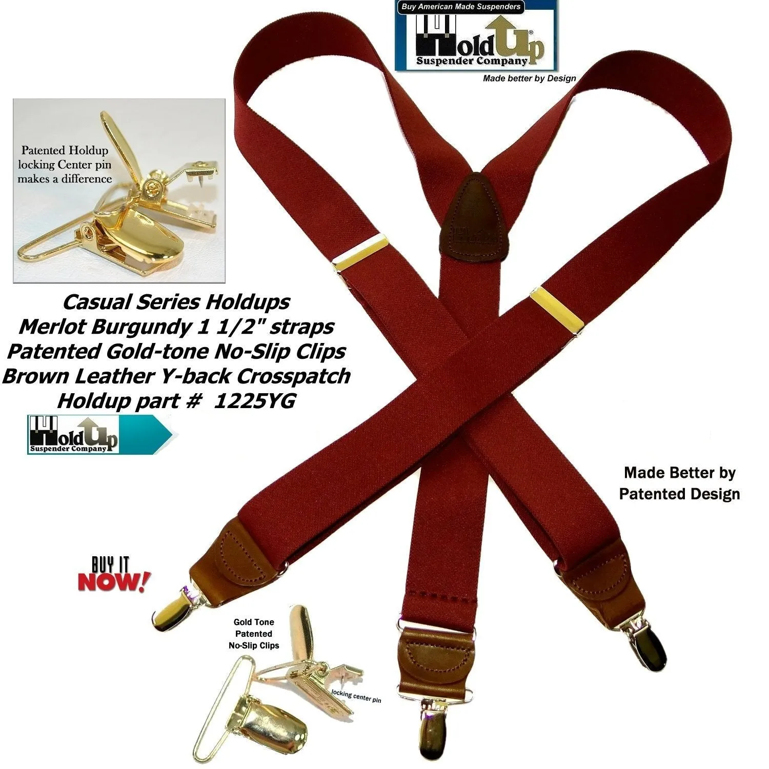 Holdup Y-back Casual Series Suspenders in deep Merlot Burgundy color with USA Patented No-slip Gold-tone  clips