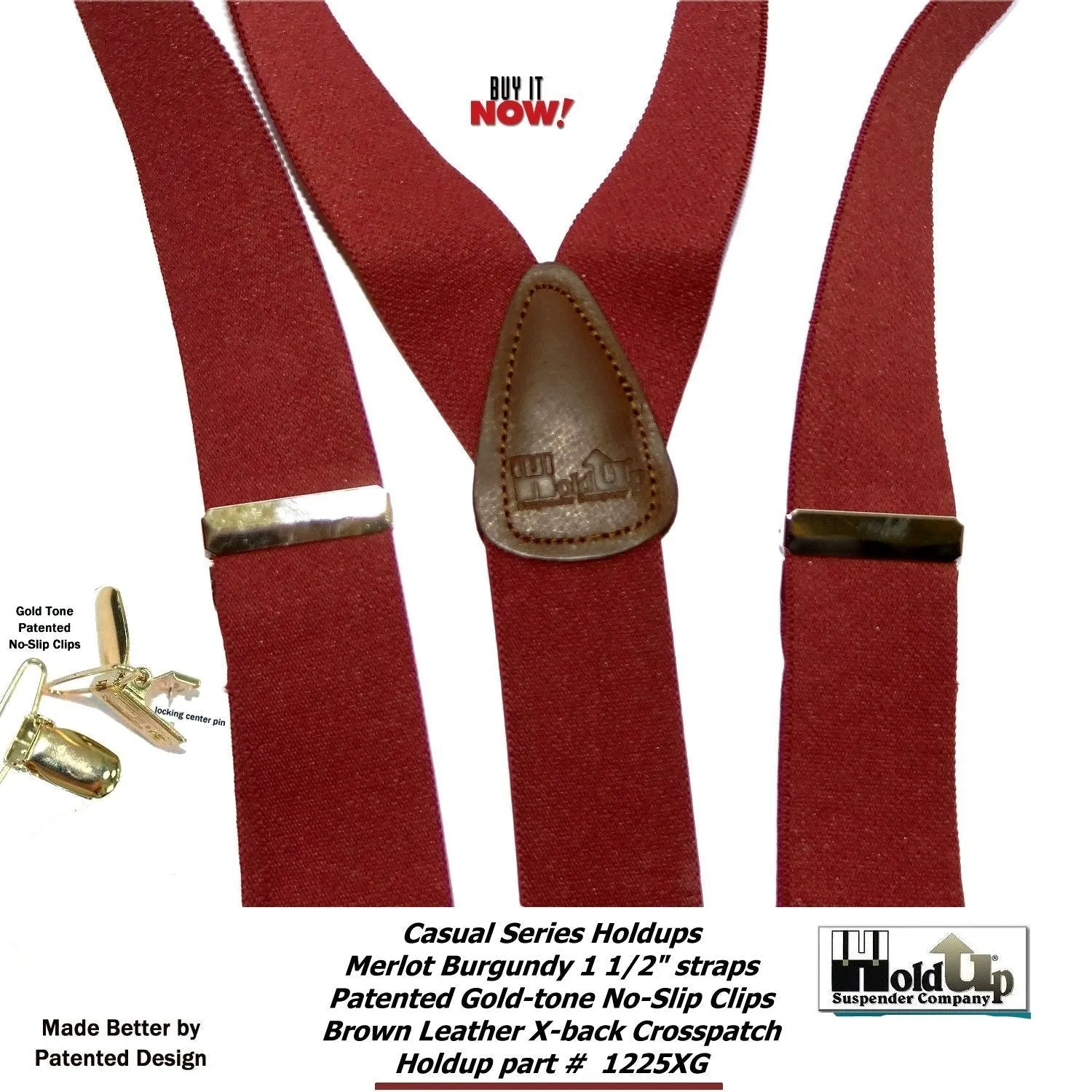 Holdup Y-back Casual Series Suspenders in deep Merlot Burgundy color with USA Patented No-slip Gold-tone  clips