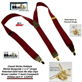 Holdup Y-back Casual Series Suspenders in deep Merlot Burgundy color with USA Patented No-slip Gold-tone  clips