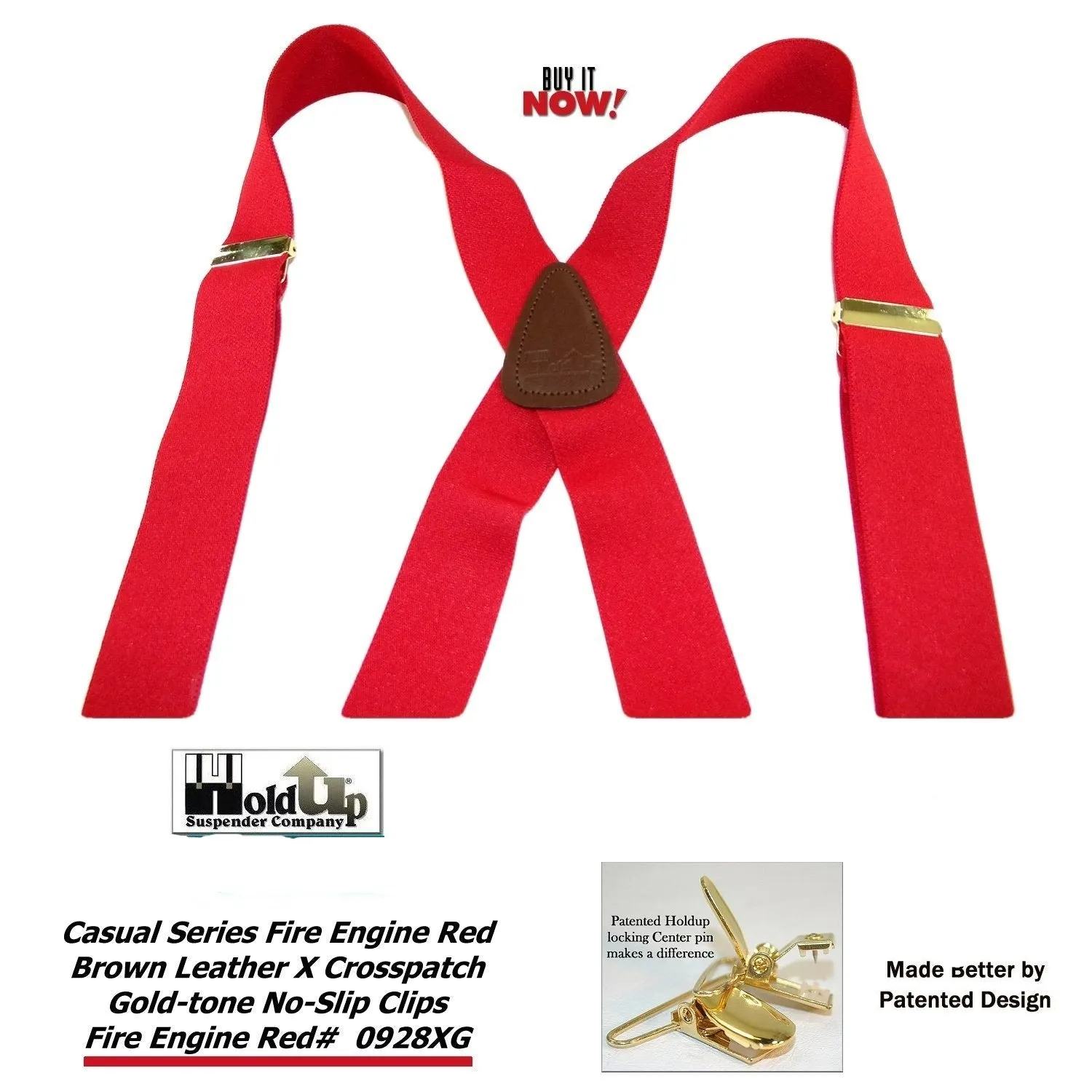 Holdup's Fire Engine Red Casual Series Suspenders in X-back Style with USA Patented No-slip Gold Clips